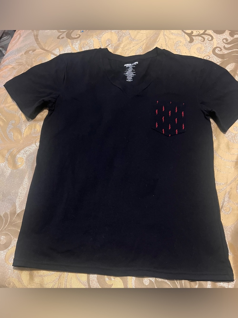 Jared Lang Black V-Neck T-shirt Red Lightening Bolt Pocket EUC  Medium